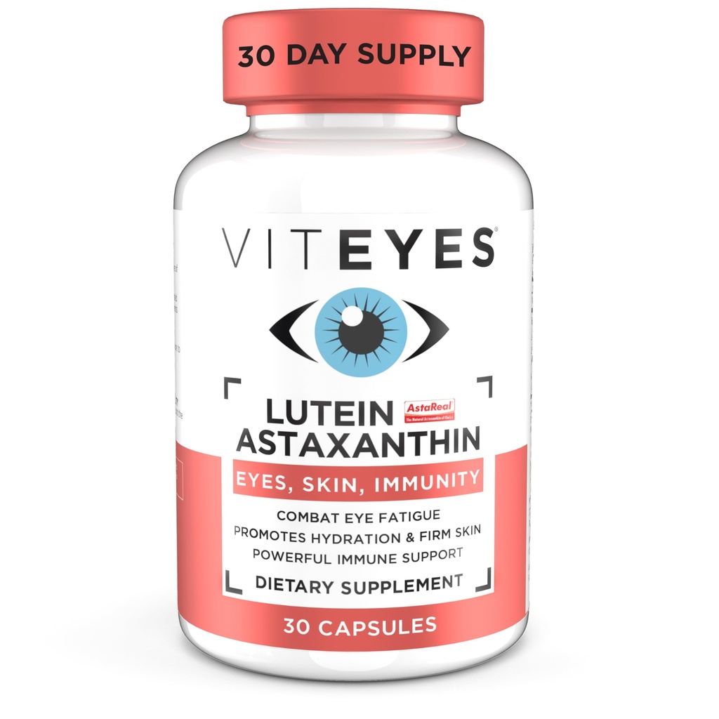 Viteyes Lutéine & Astaxanthine – Fatigue des yeux, Hydrate et Peau ferme, Protection de la lumière bleue, Support immunitaire, 20 mg Lutéine, 4 mg Astaxanthine, Vitamines oculaires, Marque de confiance Docteur, 30 Capsules