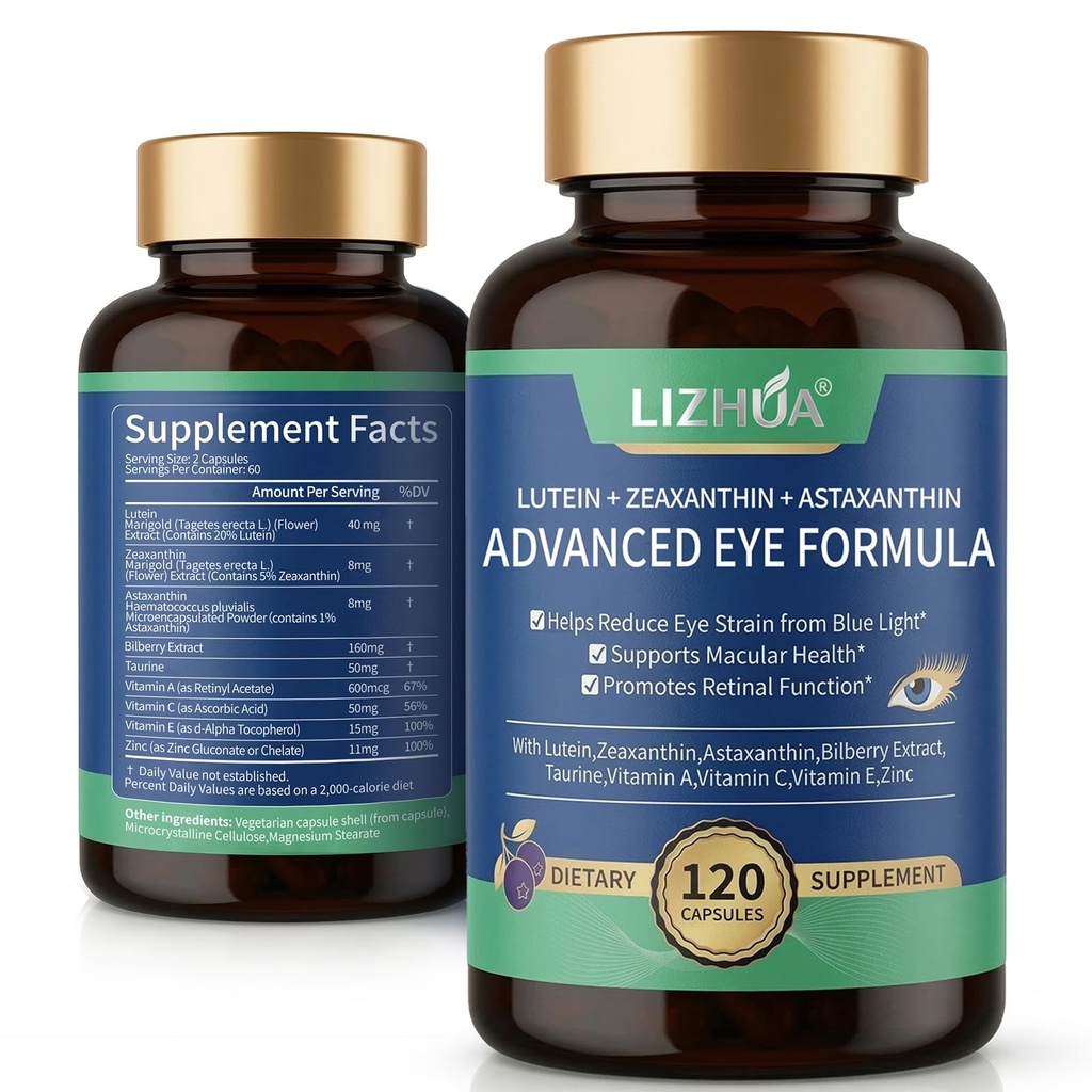 Lutein 40mg & Zeaxanthin 8mg Augenvitamine, mit Astaxanthin, Bilberry, Taurin, Vitamin A C E Zink, Blue Light & Macular Support, 120 Veggie Kapseln