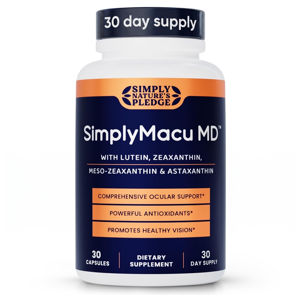 Simply Macu MD – Advanced Vision Support Supplement with Lutein, Zeaxanthin, Meso-Zeaxanthin & Astaxanthin – Bilberry Extract – Vegan, Non-GMO, Gluten Free – 30 Day Supply (30 Capsules)