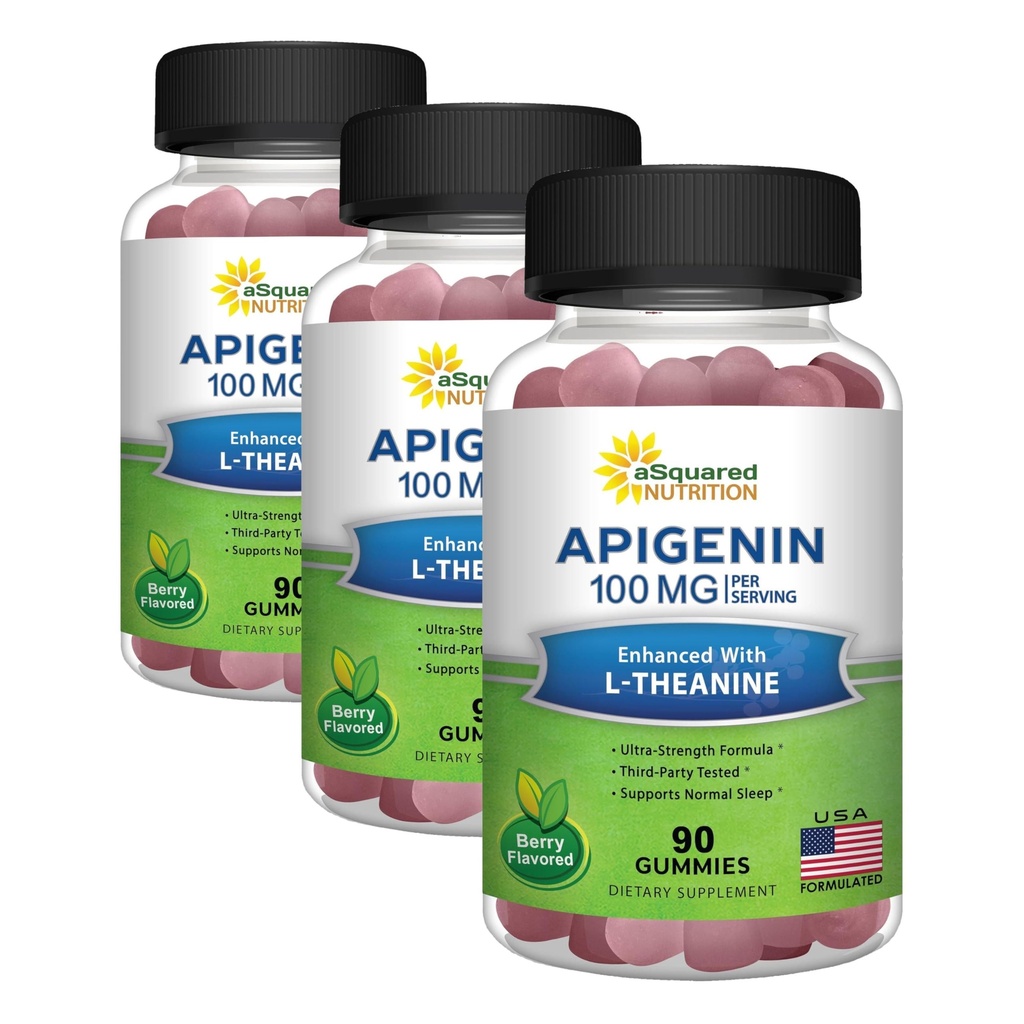 aSquared Nutrition Apigenin 100mg with L-Theanine 100mg Gummies - Apigenin Supplement for Sleep - Natural Extract Gummy Alternative to Capsules, Pills, Powder & Tea - 2 Per Serving (Pack of 3)