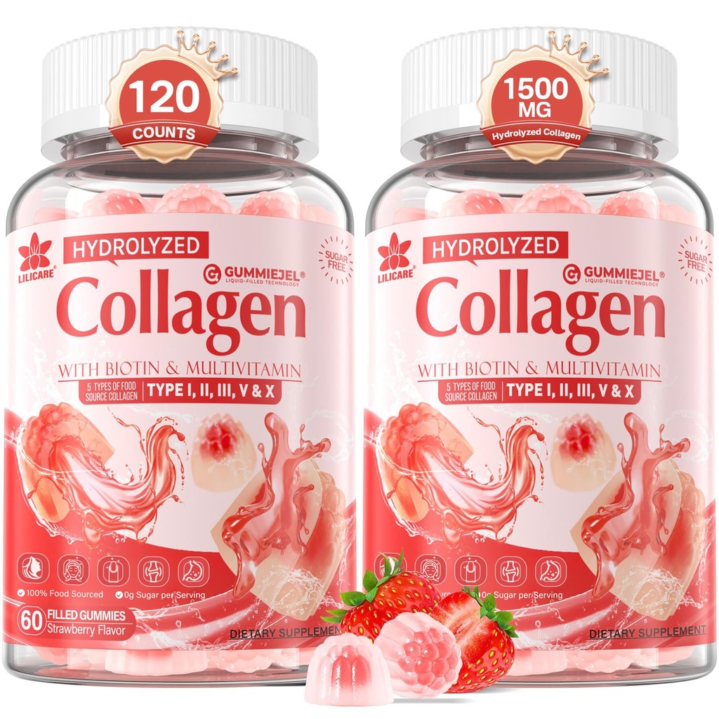 2Pack Sugar-Free Hydrolyzed Collagen Peptide Gefüllte Gummis für Frauen & Männer, mit 1500mg Protein Typ I,II,III,V,X, 5000mcg Biotin Vitamin C A E D3 B6 B12 für Immundigestion Hauthaarnägel, Knochen