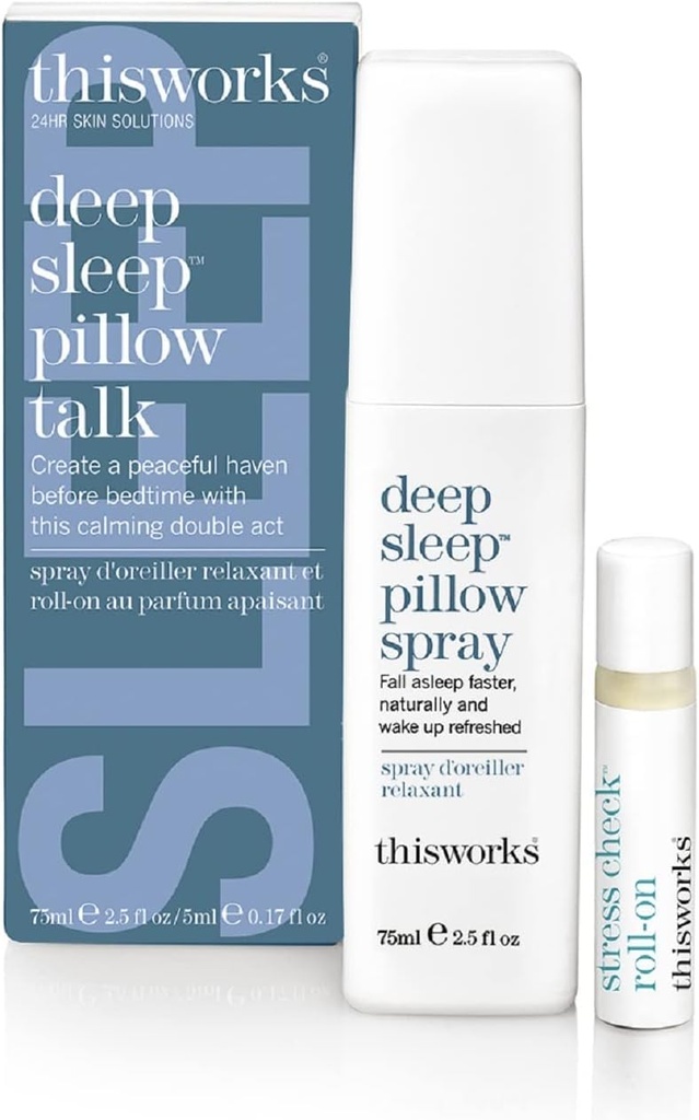 This Works Deep Sleep Pillow Talk Set – Natural Sleep Remedy Duo with Lavender, Camomile & Vetivert – 75ml Pillow Spray & 5ml Stress-Check Roll-On ($42 Value Set)