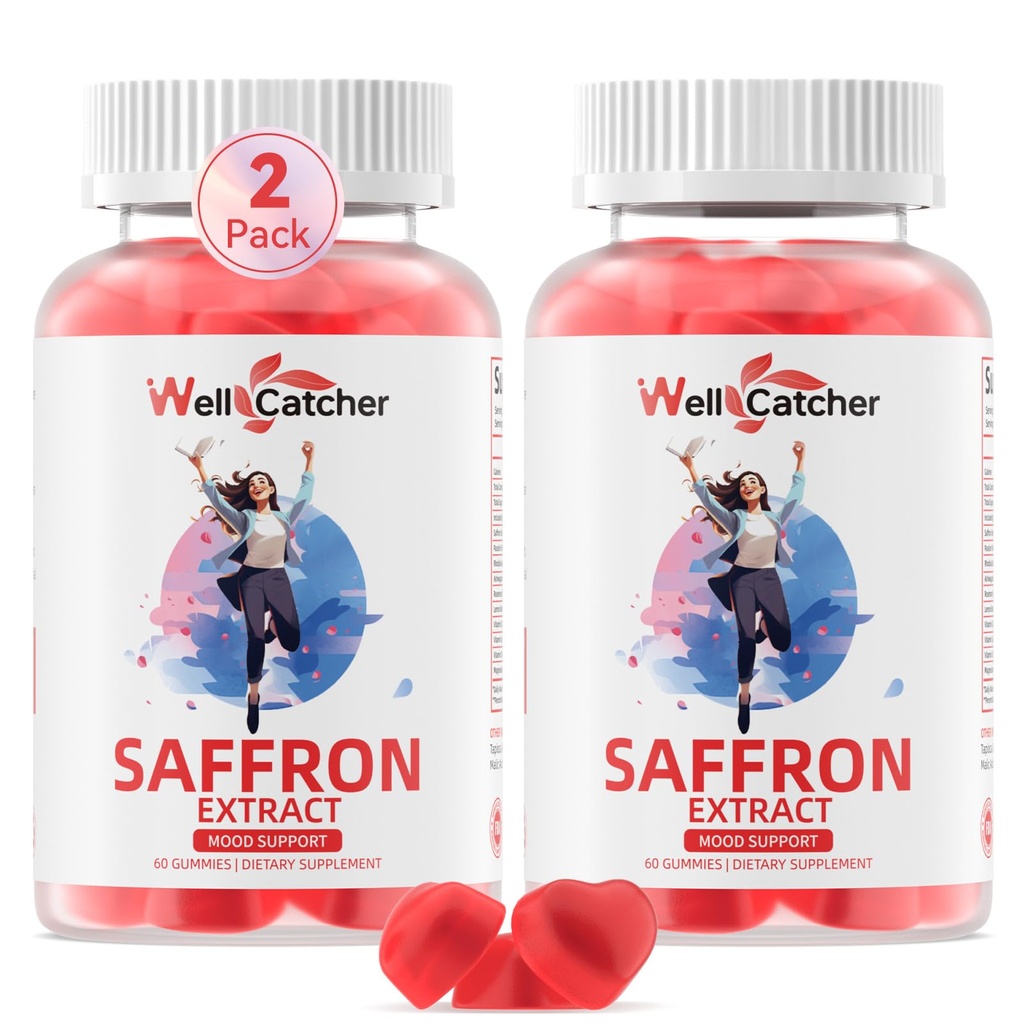 Gommies de safran pour adultes Enfants - Supplément d'extrait de safran biologique pour hommes Femmes Sans sucre pour l'équilibre d'humeur Soutien Meilleur métabolisme du sommeil avec des vitamines Non OGM Fraise Aromatisée 60 jours Approvisionnement