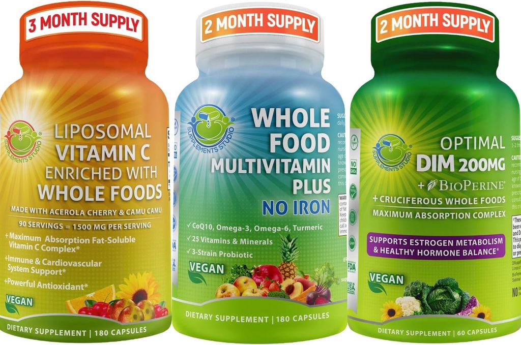 SUPPLEMENTS STUDIO Vegan Immune, Energie & Hormone Unterstützung Bundle für Männer und Frauen – Vegan ganze Lebensmittel Multivitamin ohne Eisen + Liposoma Vitamin C 1500mg + Optimal DIM 200mg mit BioPerine®