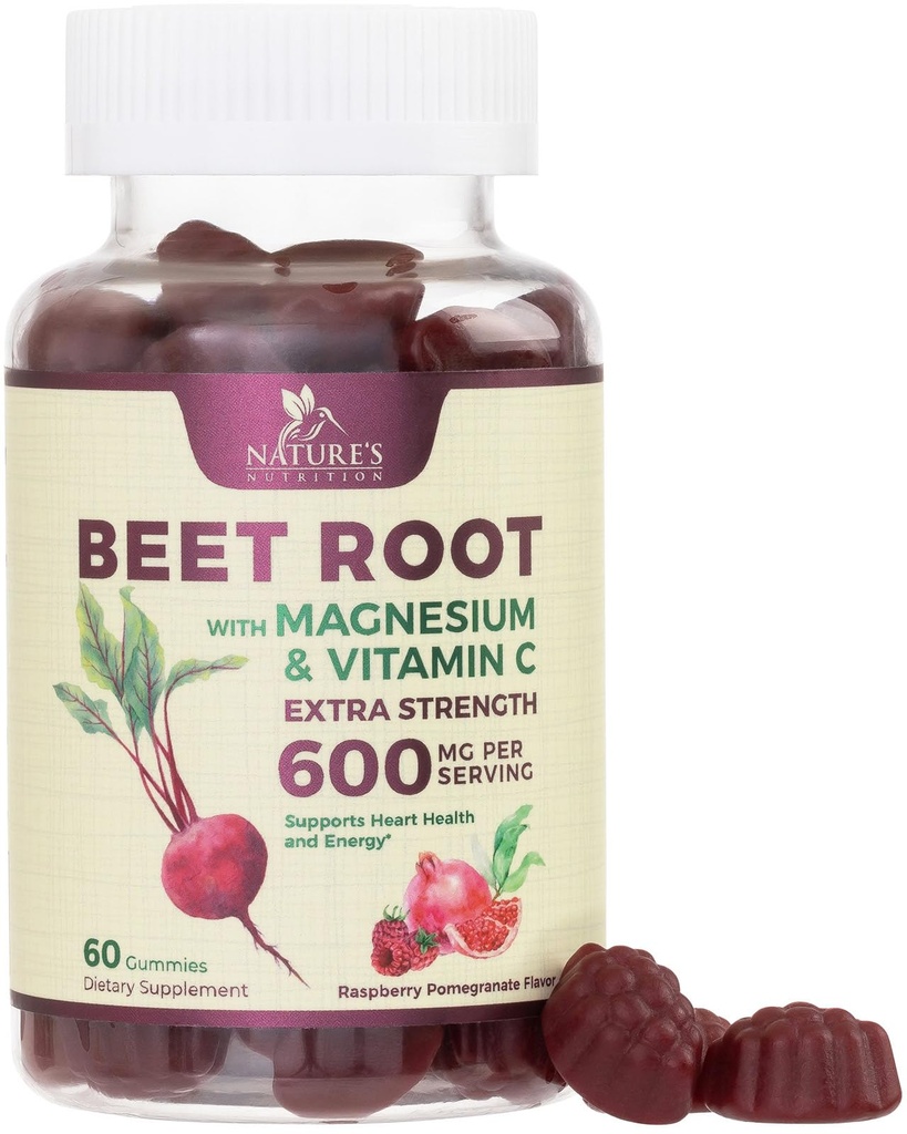 Supplément de racine de betterave Gommies - 500mg par portion avec extrait de betterave en poudre Vitamine C & Magnésium - Soutienne l'énergie Heart Health & production d'oxyde nitrique - Suppléments de betteraves rouges Gommy - 60 Gommies