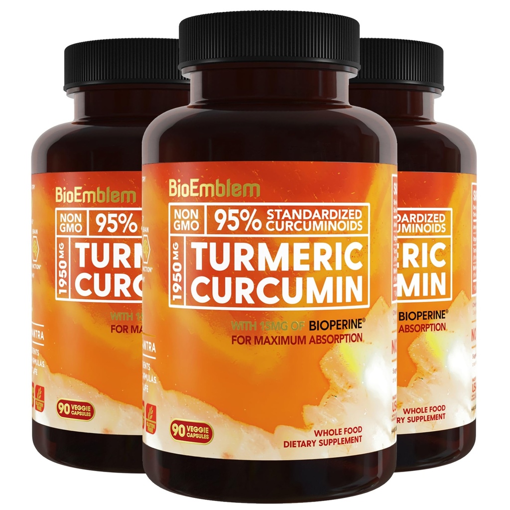 BioEmblem Turmeric Curcumin Supplement mit BioPerine | Joint Support & Heart Health | mit Organic Turmeric Powder & 95% Curcuminoids Extract | California Made, Non-GMO, 90-Day Supply