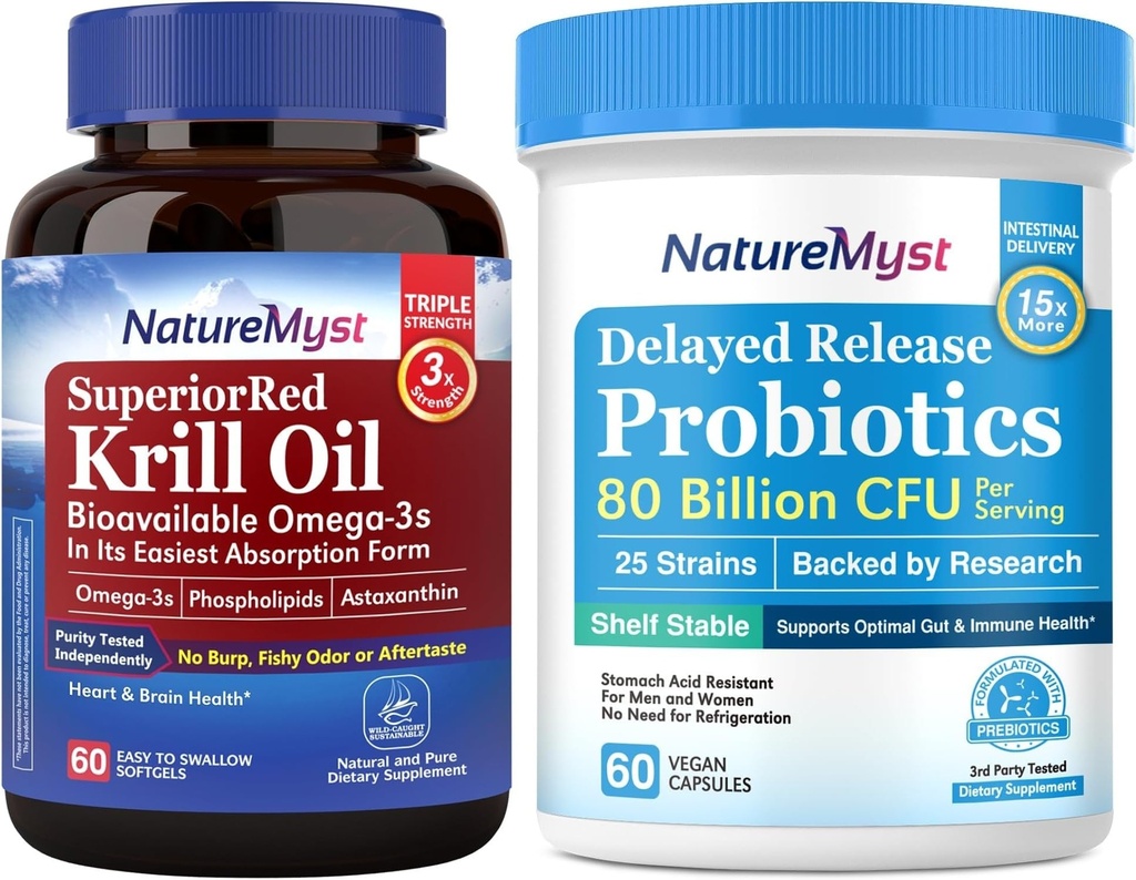 Krillöl 1000mg und Probiotika Bundle, Omega 3s mit DHA EPA & Astaxanthin, Plus 80 Milliarden CFU 25 Stämme, Gut, Herz & Immunfunktion, Nicht-GVO, Made in USA, 60 Softgels + 60 Kapseln