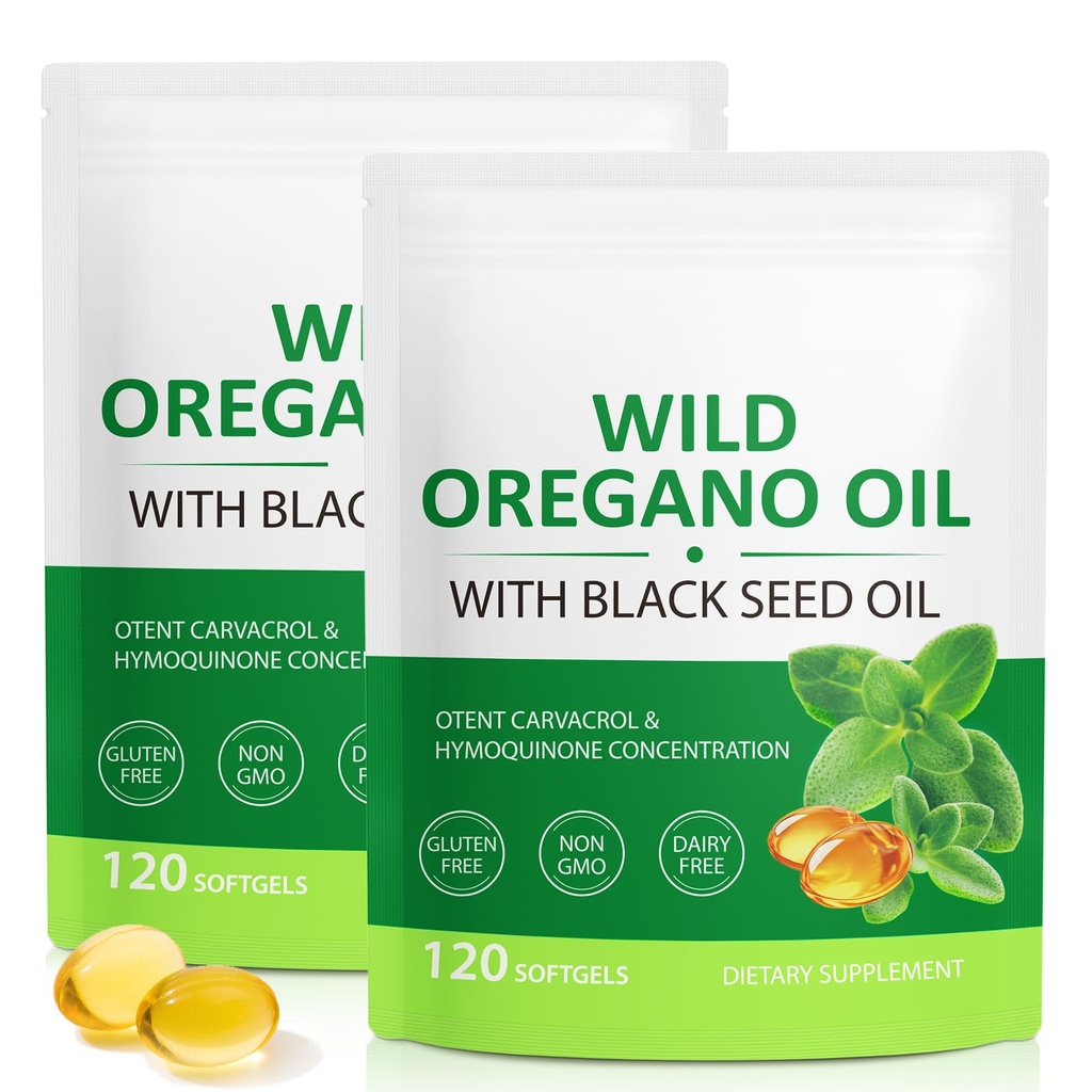 Huile d'Oregano Softgels 6000mg, 2 en 1 Formulé avec de l'huile de graines noires 200mg, soutien immunitaire, Oregano Capsules d'huile biologique, supplément de défense naturelle, non-OGM, facile à avaler, 240 Softgels