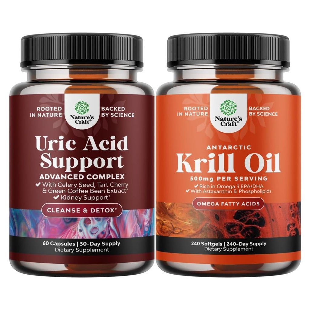 Bundle of Green Coffee Bean Extract for Uric Acid Cleanse & Detox with Turmeric Tart Cherry & Celery Seed and Antarctic Krill Oil 500mg Softgels - Omega 3 EPA DHA & Astaxanthin for Brain Joint & Heart