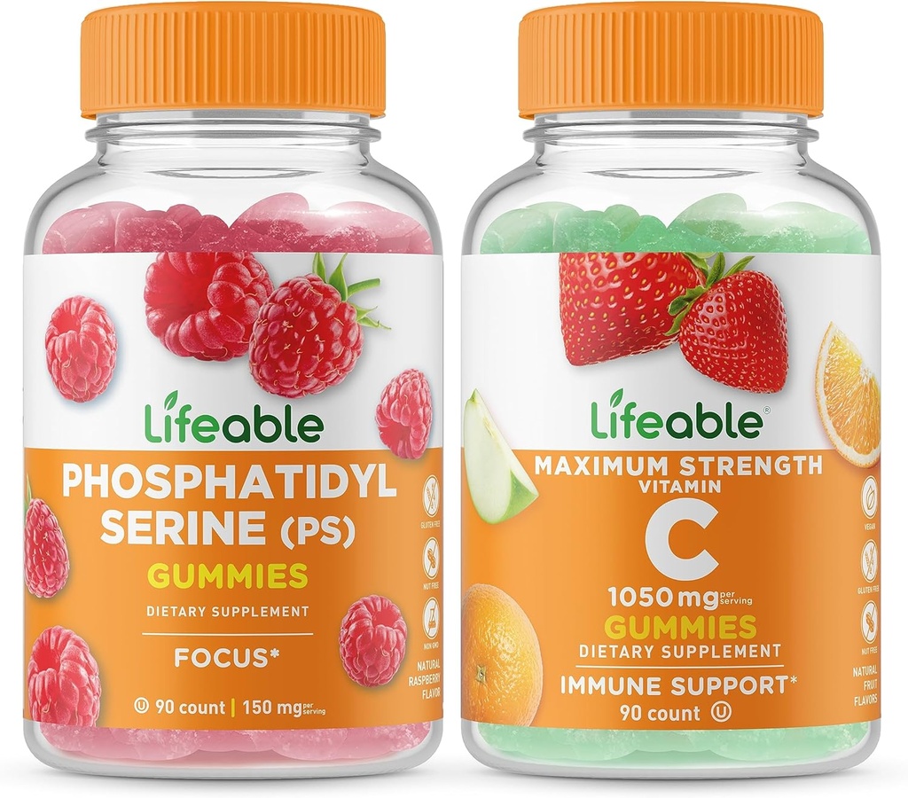 Phosphatidylsérine (PS) et vitamine C 1050mg, Gummies Bundle - Grande dégustation, supplément de vitamine, sans gluten, sans OGM, gummy à croquer