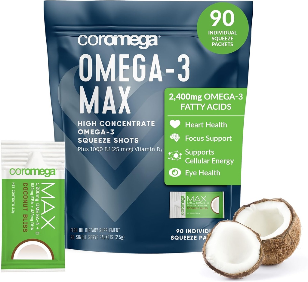 Coromega MAX 2400mg Omega-3 Huile de poisson + Vitamine D Paquets de pression, Wild-Caught, Pas de goût de poisson - 3X Meilleure absorption que les softgels, soutient la santé du cerveau et du coeur (90 portions, plaisir de noix de coco)