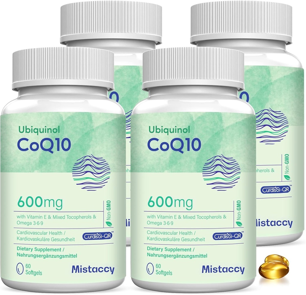 CoQ10 600mg Softgels | Hohe Absorption CoQ10 Ubiquinol Ergänzung | Reduzierte Form Enhanced with Vitamin E & Omega 3 6 9 | Antioxidans Powerhouse Good for Health| 240 Softgels