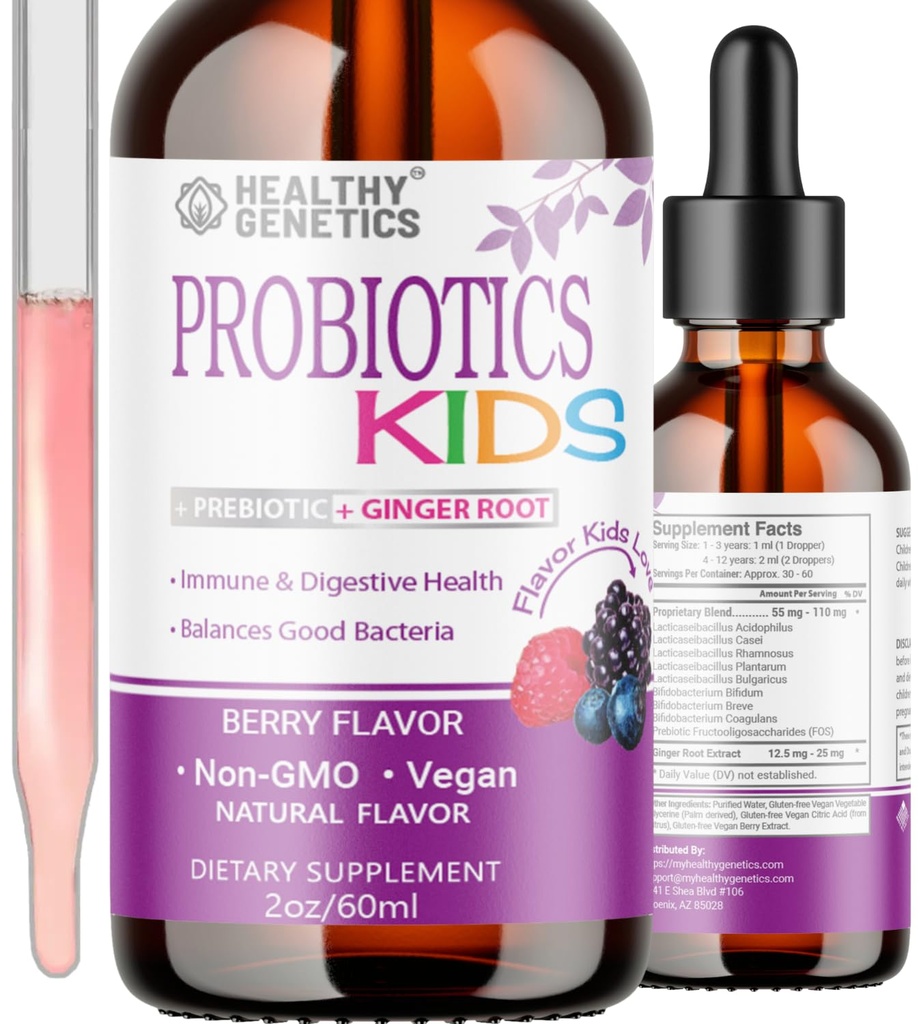 Liquid Probiotics for Kids & Toddlers | + Prebiotic + Ginger Root | Acidophilus Probiotic | Dairy Free | Vegan | Non-GMO | Gluten Free | 30-60 Servings