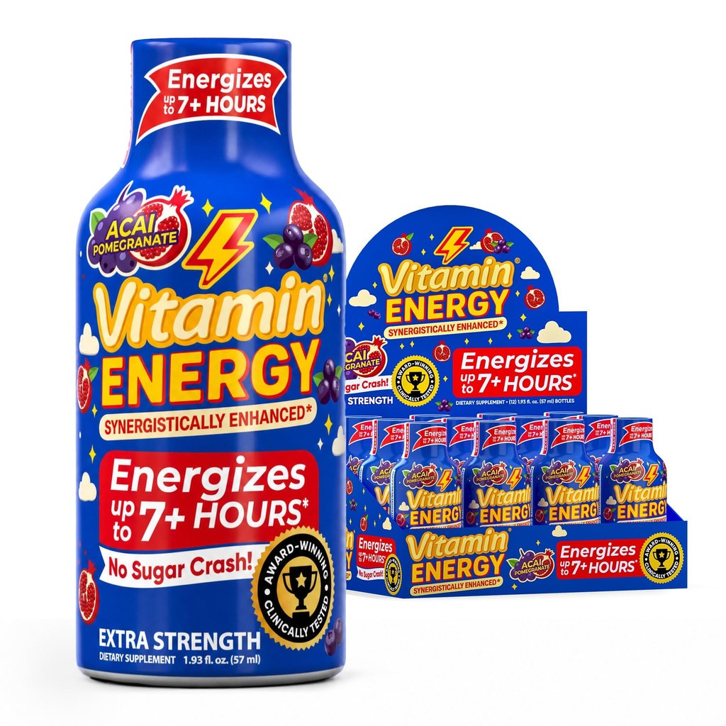 Vitamine Energy B12 11,000% Extra Strength Energy Shot Açaí grenade 12 Pack, 260mg Caféine naturelle, B12 & B6, Nootropic Focus, Vitalité, Zéro Sucre, Sans gluten, Vegan, Kosher, 1.93 fl oz