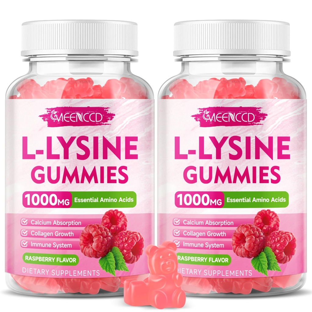 2 Pack L-Lysine 1000mg Gummi, Lysin-Ergänzung für Erwachsene & Kinder, essentielle Aminosäure für Lipide & Orale Gesundheit, Boost Immune & Collagen & Calcium, Sugar-Free, Raspberry Flavor, 120 Count
