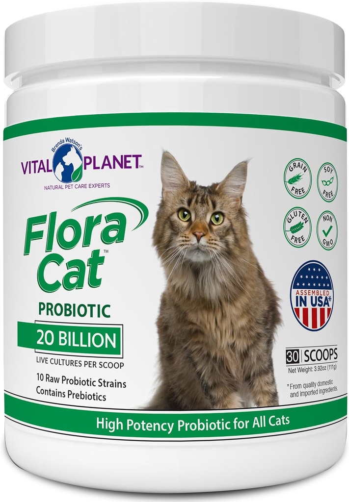 Vital Planet - Flora Cat Probiotic Powder Supplement mit 20 Billion Kulturen und 10 Diverse Strains High Potency Probiotics für alle Katzen für Feline Verdauungs- und Immununterstützung 30 Scoops 3.92 oz