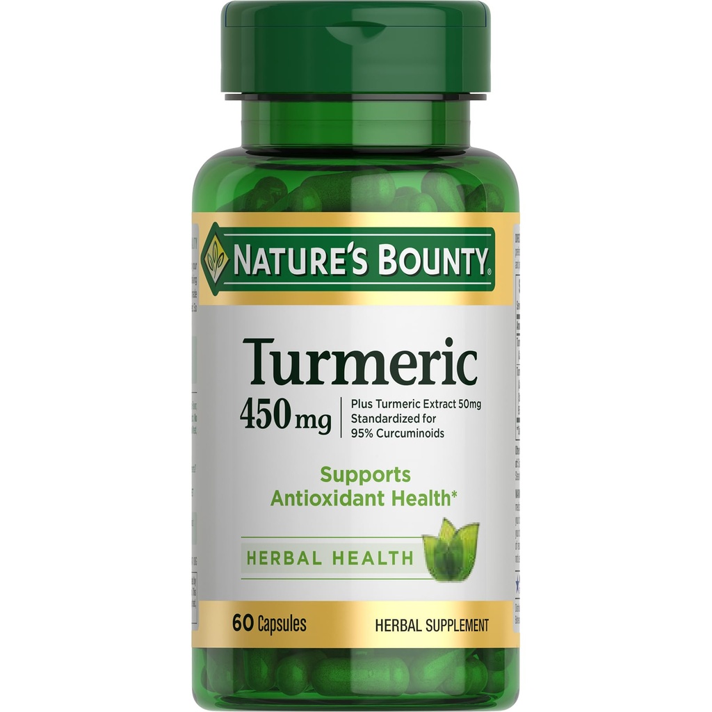 Nature's Bounty Turmeric Capsules, Kräuterergänzung mit pflanzenbasierten Antioxidantien, 450 Mg, 60 Ct