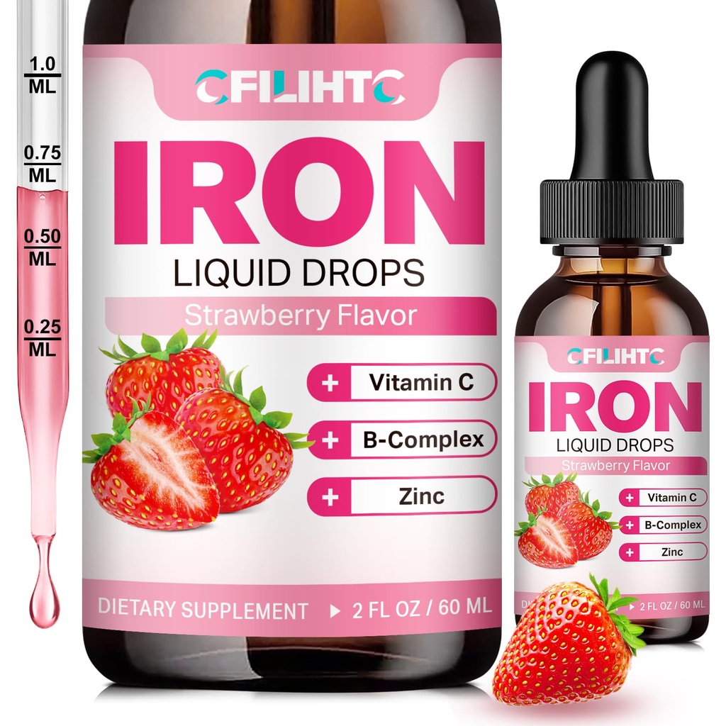 Supplément en fer liquide pour les femmes hommes et enfants Multivitamine gouttes de fer avec folate, vitamine C, B6, B12, zinc pour l'anémie, carence en fer, fabricant de sang, énergie - Fraise naturelle saveur, végétalien 2 Fl Oz