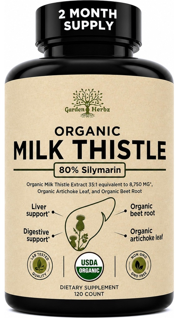 Supplément de désintoxication du foie de chardon biologique USDA 80% Silymarin, 250 mg avec racine de betterave et extrait d'artichaut pour le soutien et la digestion du foie, fabriqué aux États-Unis, 120 capsules (2 mois d'approvisionnement)