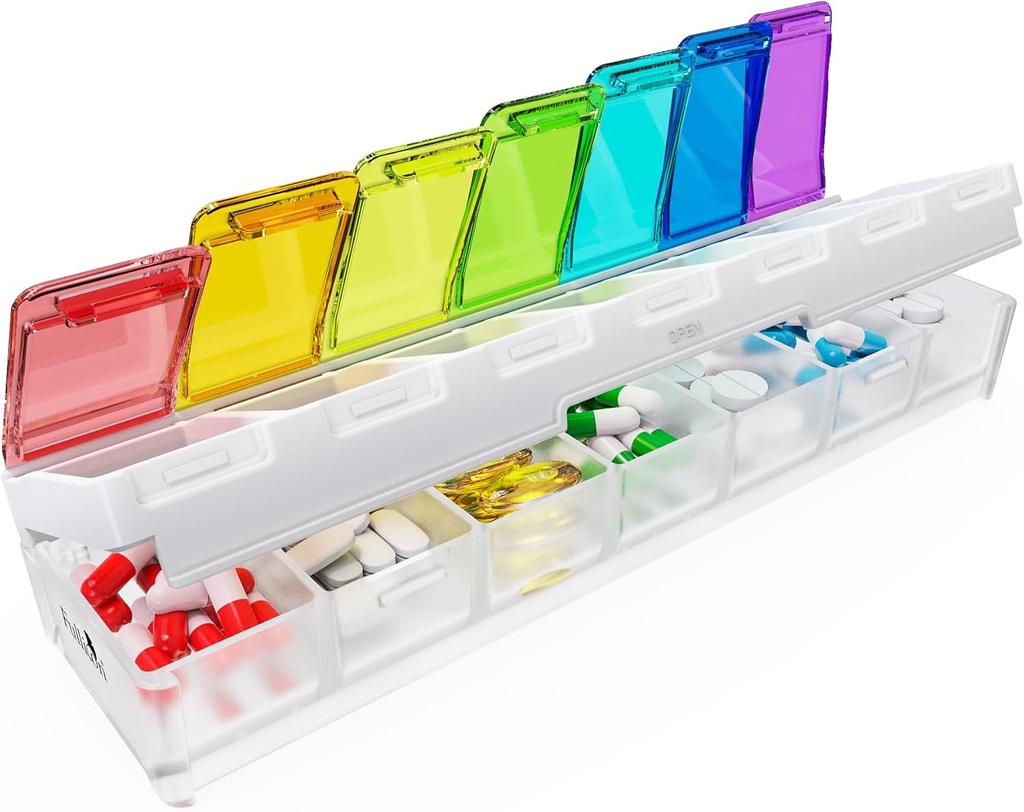 Fullicon Weekly Pill Organizer 7 Day Quick Fill & Spill Proof Designed Large Pill Box mit kostenlosen Labels Reisemedizin Organizer für Medizin, Vitamin, Fish Oil, Supplement (Rainbow Clear)