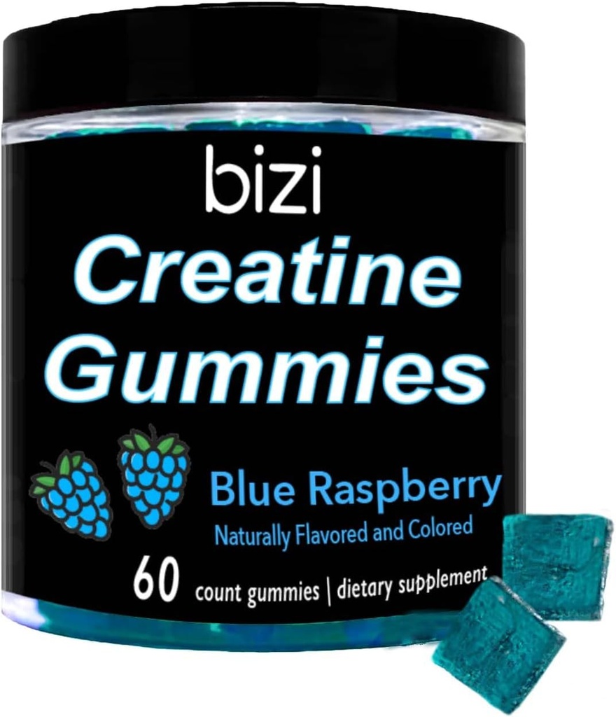 Bizi Creatine Gummys für Herren & Frauen - 1g Creatine Monohydrate pro Gummy - Wassermelone Flavor - Workout, Muskelwachstum und Erholungsergänzung- Vegan & Gluten Free (60 ct) (Blauer Himbeer)