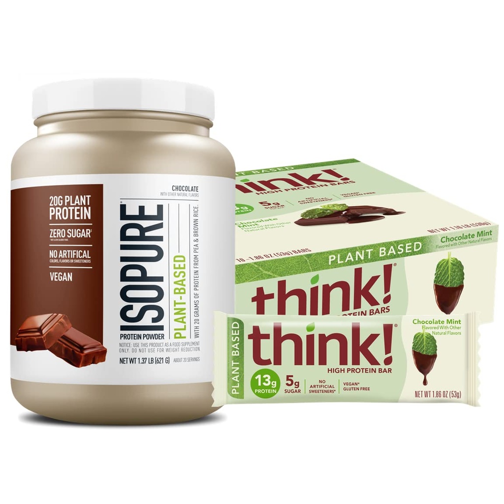 Plant Protein Bundle- Isopure Plant Protein Powder, Chocolate- 20G Vegan Protein- (20 Servings) with think! Plant Protein Bars, Chocolate Mint- 13G Vegan Protein- (10 bars)