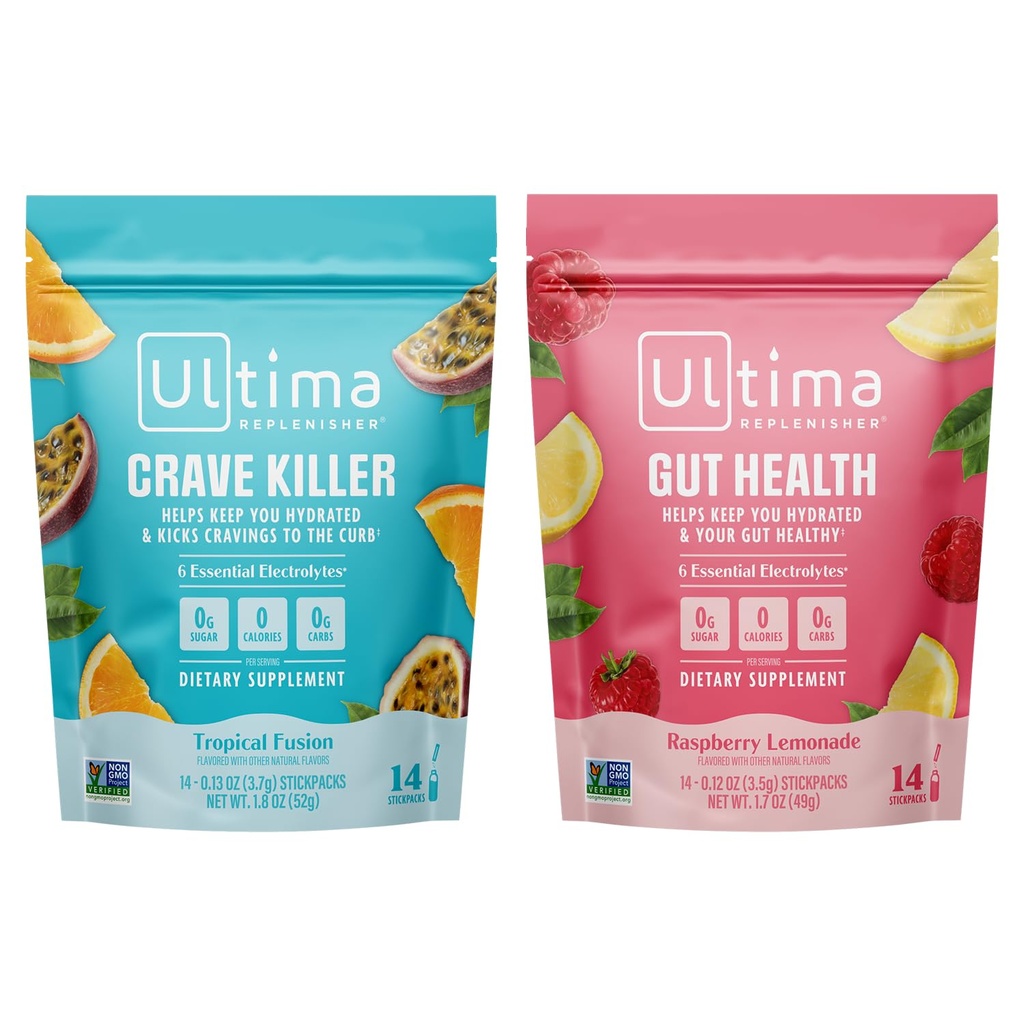 Ultima Replenisher Electrolyte Powder Drink Mix Bundle – Sans sucre – Crave Killer and Gut Health, 14 Stickpacks – 6 Electrolytes et Minéraux – Keto Friendly, Vegan, Non-OGM