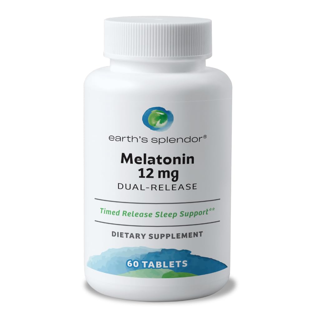 Earth's Splendor Melatonin 12 MG Bilayer Tablets, Schlafhilfe-Ergänzung, 60 Zähler - 2 Monate Versorgung Melatonin