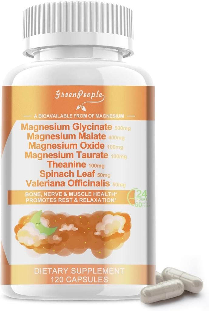 Magnesium Glycinat 500 mg pro Portion, mit Malat, Taurat & Oxid, Magnesiumergänzung für Muskel, Knochen, Schlaf- und Verdauungsunterstützung, 120 Vegankapseln, Non-GMO