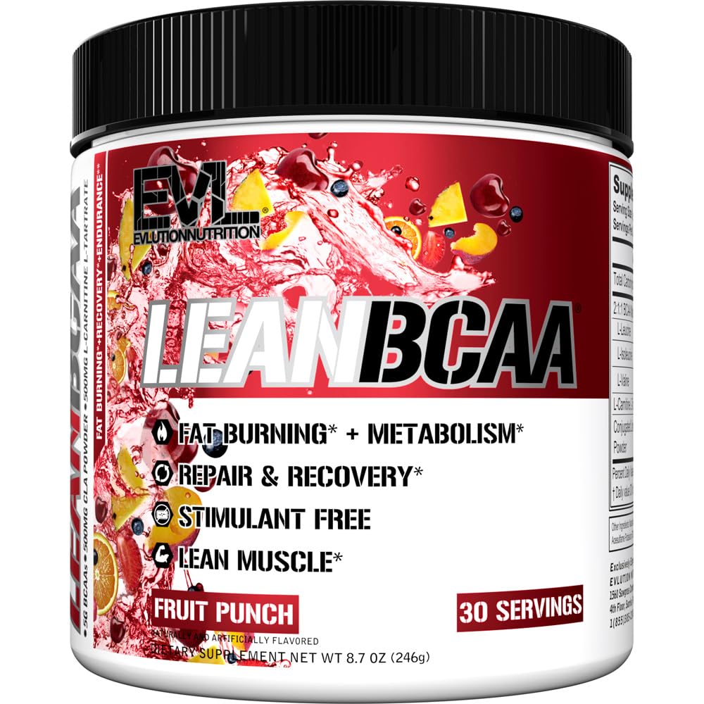 Stimulant Free Lean BCAA Powder - Evlution Nutrition BCAAs Amino Acids Powder mit CLA Carnitin und 2:1 Verzweigte Kette Aminosäuren unterstützt Muskelrückgewinnung Fat Burn und Metabolism - Fruit Punch