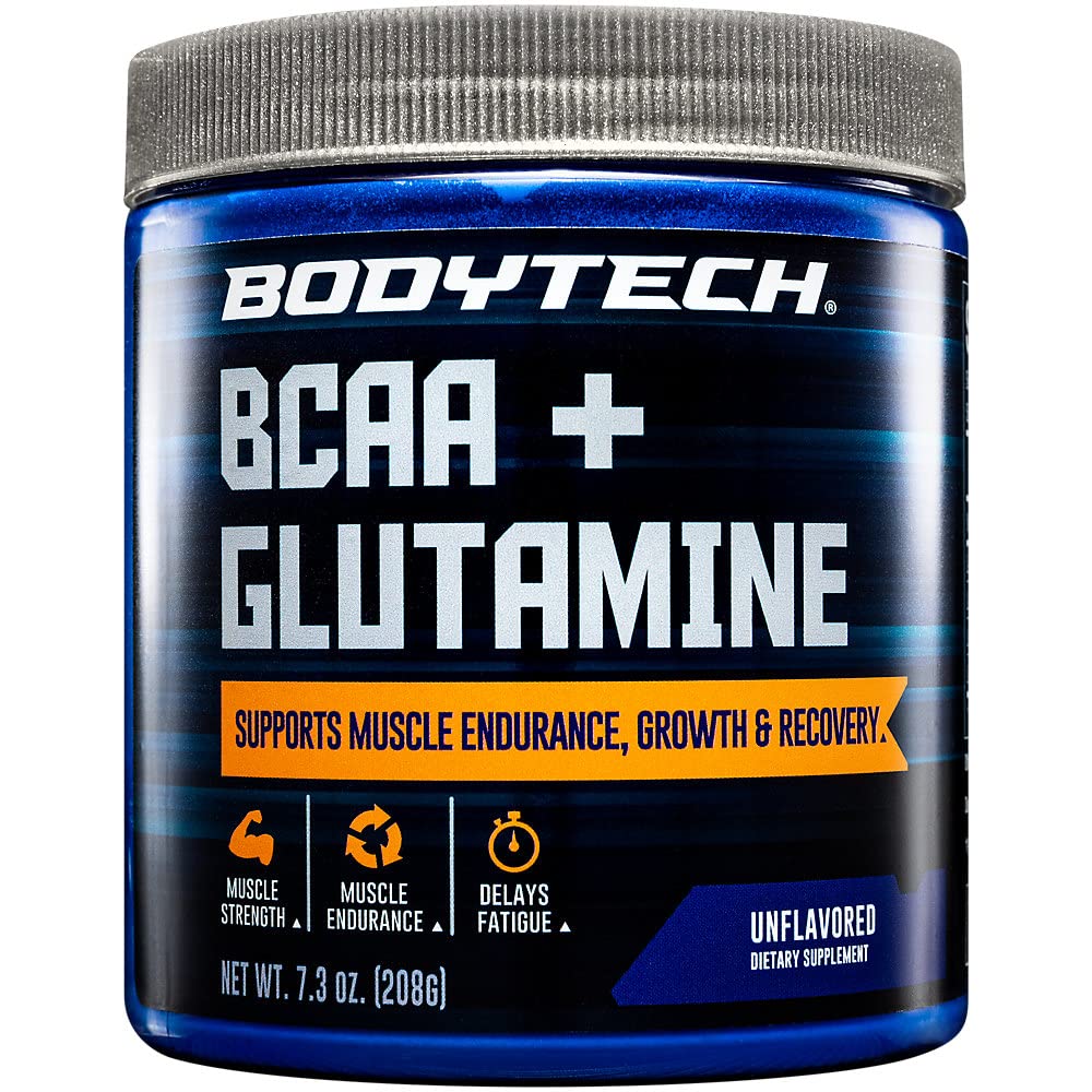 BodyTech BCAA + Glutamin-Pulver mit Vitamin C, L Glutamin & More, Essential Pre Workout oder Post Workout Aminosäuren für Männer und Frauen, Unflavored, 7.3 Oz, 30 Portionen