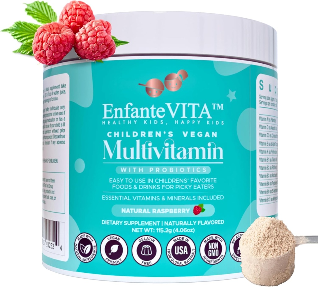 All in One Kids Vitamines, 90 jours d'approvisionnement, Multivitamine en poudre avec probiotiques, Immune Support, Gut Health, Vegan D3, Sans sucre, Non OGM, Saveur naturelle, Doctor Formulé, Nutrition quotidienne
