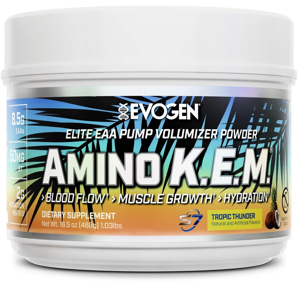 Evogen Amino K.E.M. - EAA & BCAA Pulverpumpe Volumizer | BCAAs Aminosäuren Supplement für Blutfluss, Muskelwachstum, & Hydration | Tropic Thunder | 30 Portionen