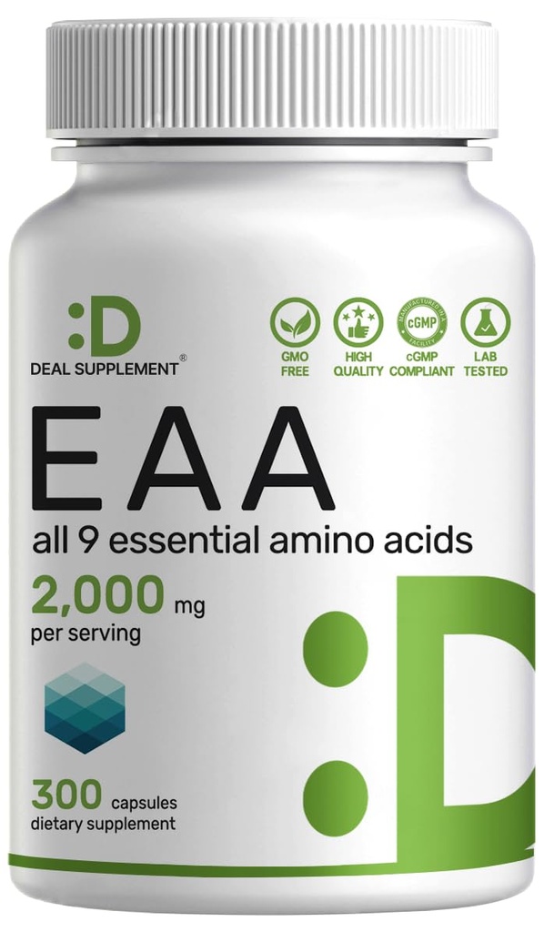 Essential Amino Acids (EAA) 2000mg Pro Serving, 300 Kapseln – Unflavored - 9 in 1, Alle BCAAs (Branched-Chain Aminos) – Lean Muscle Support & Natural Pre Workout Supplement
