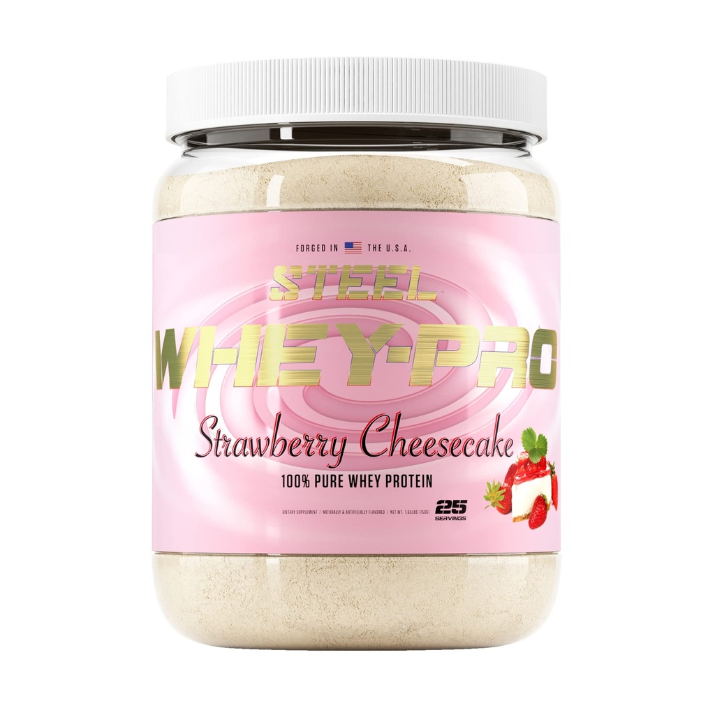 Steel Supplements Whey-Pro | 100% Pure Whey Protein Powder for Men and Women | Strawberry Cheesecake | Muscle Gain & Lean Muscle Recovery | Gluten Free | 1.65 lbs | BCAA 5g | Non-GMO | 25 Servings