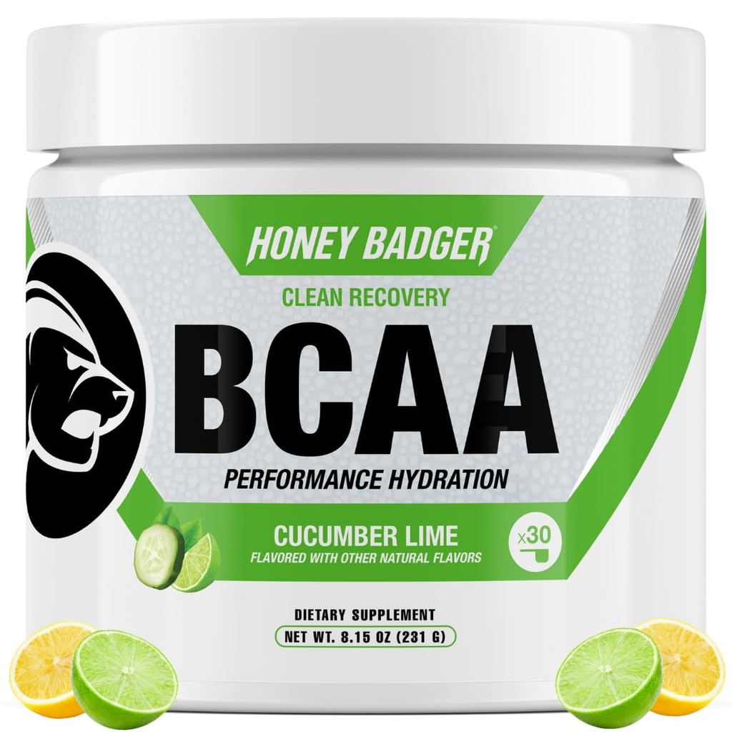 Honig Badger BCAA + EAA Aminosäuren Pulver, BCAAs + L-Glutamin, Keto, Vegan, Zucker frei für Männer & Frauen, Hydration & Post Workout Muskel Erholung Getränke Mix, Cucumber Lime, 30 Portionen