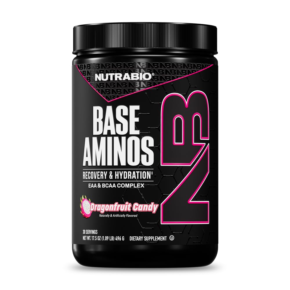 NutraBio Base Aminos EAA + BCAA Powder –10g Essential Amino Acids Supplement, 6g 2:1 BCAAs, 2,8g Hydra Matrix mit Elektrolyten & Absorption Enhancer AstraGin® – 30 Servietten- Dragon Fruit Candy
