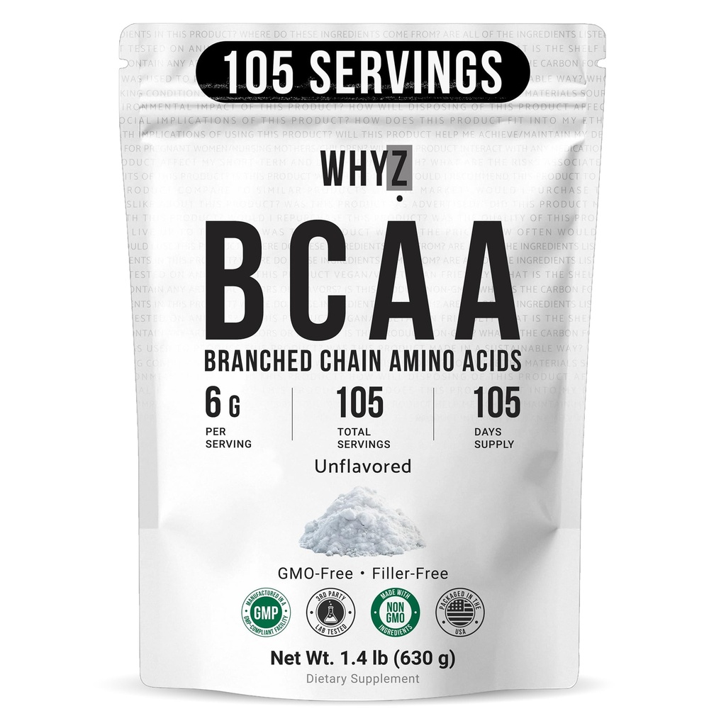 BCAA Powder 2:1:1, Unflavored verzweigtkettige Aminosäuren für Männer und Frauen Pure BCAA Energy Powder zum Mischen in Getränken & Shakes Non-GMO No-Additives, 105 Portionen, 1.4 lb (630g)