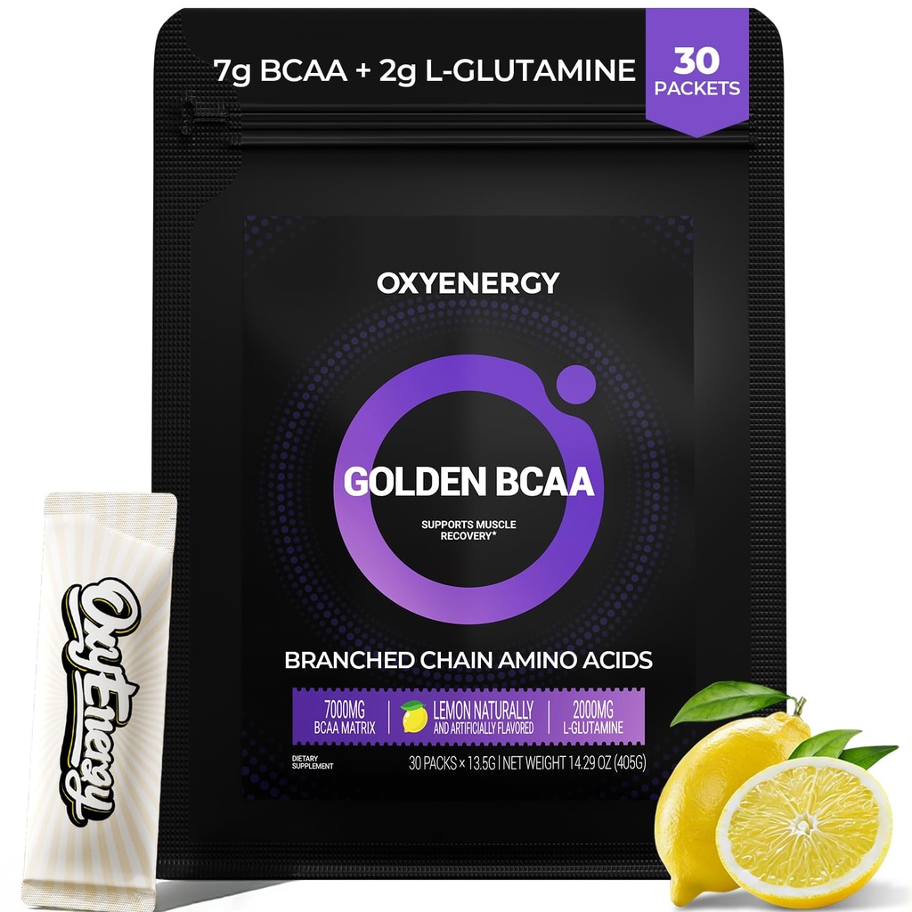 OxyEnergy BCAA 2:1:1 Pulver, 7g BCAAs und 2g L-Glutamin, Taurine für Muskel-Recovery, Erhöhte Endurance, Perfect Amino Aicds für Pre & Post Workout Recovery, Sugar Free, Lemon, 30 Stick Pack