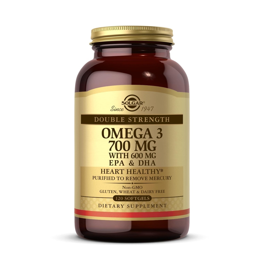 Solgar Double Strength Omega-3 700 mg, 120 Softgels - Fischöl-Ergänzung - Unterstützung für kardiovaskuläre, Joint & Cellular Health - Enthält EPA & DHA Omega 3 Fettsäuren - Glutenfrei - 120 Portionen