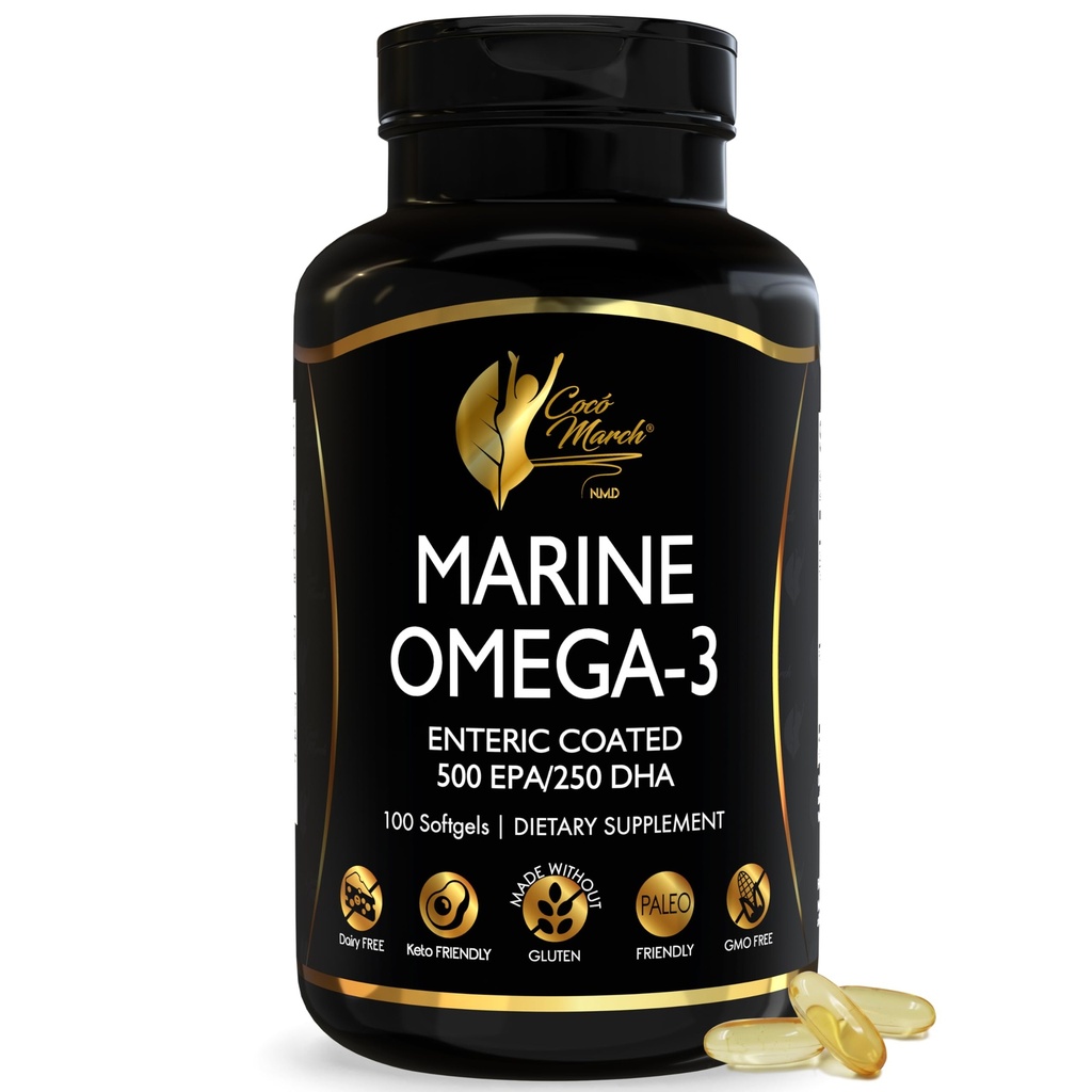 Cocó March N.M.D Marine Omega-3-Fischöl – Hochwirksames Omega-3-Supplement mit 500 mg EPA & 250 mg DHA – Enteric Coated, No Fishy Burps & Aftertaste – Omega-3-Fischöl für Frauen & Männer, 3-Monatsversorgung