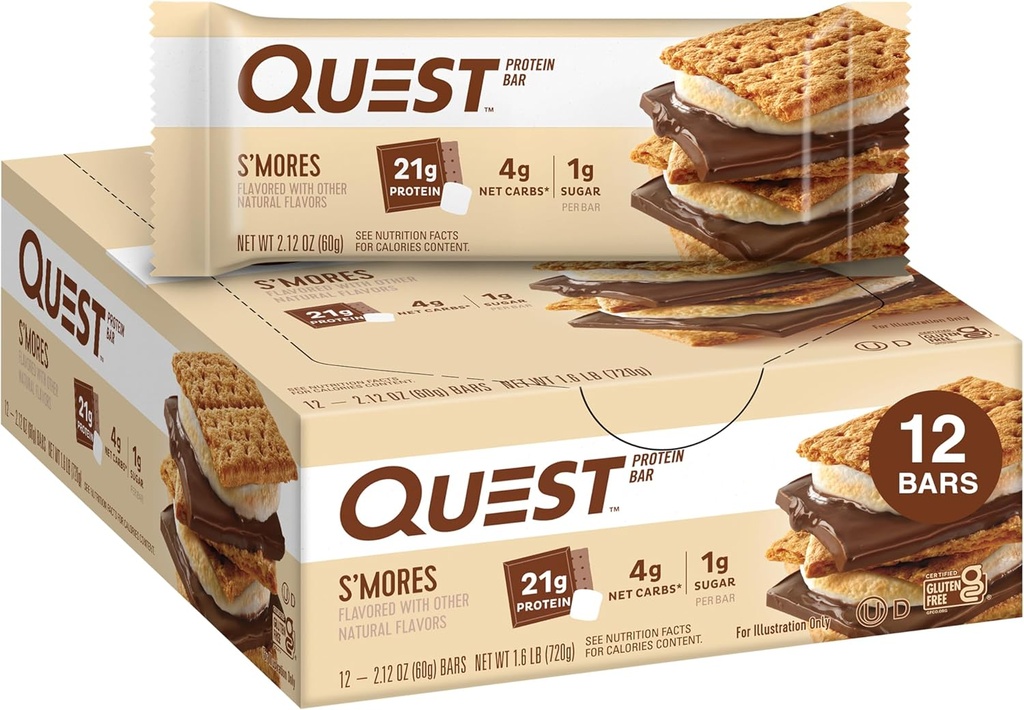 Quest Nutrition S'mores Protein Bars, 21g Protéines, 1g Sucre, 4g Net Carb, Sans gluten, Keto Friendly, 12 Compte