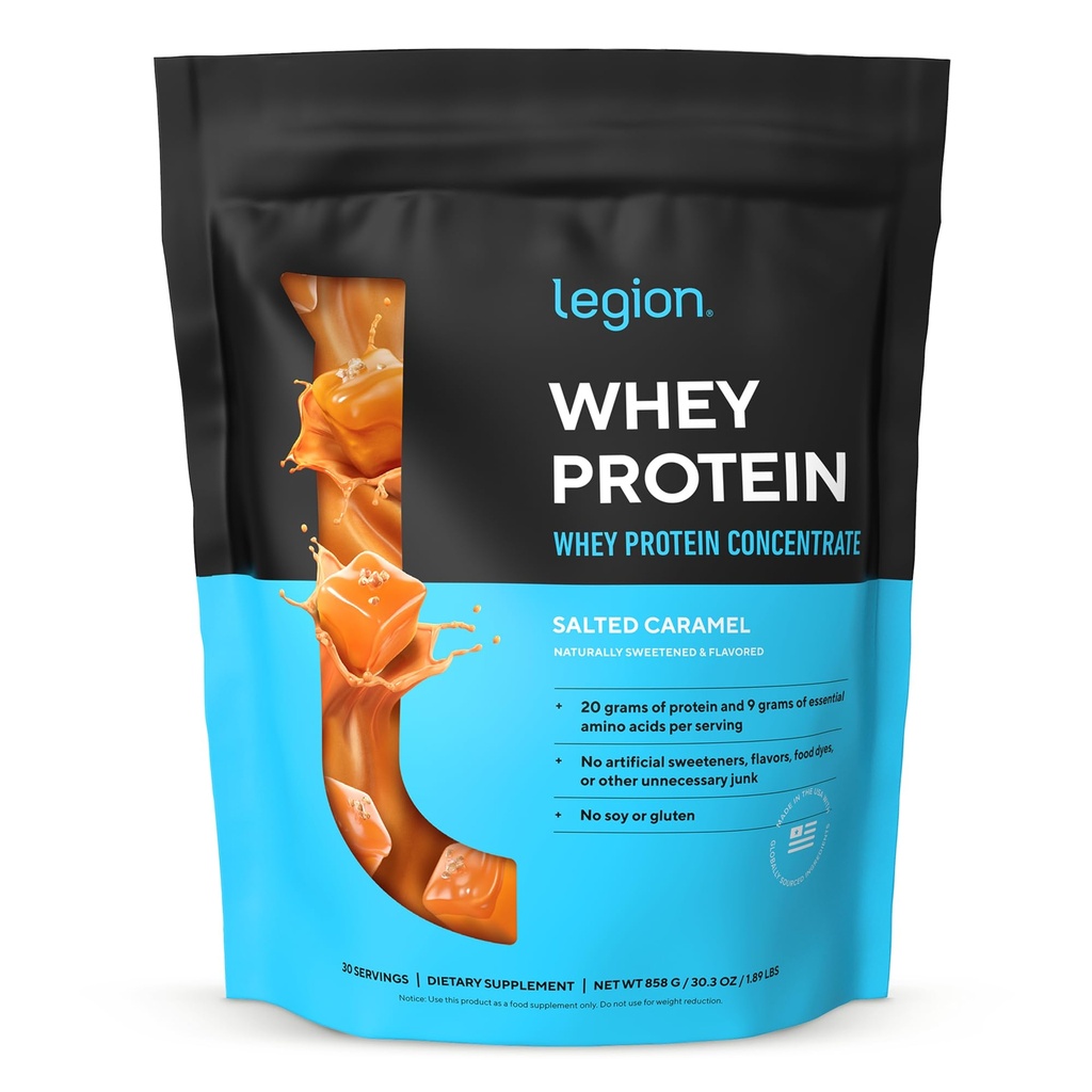 LEGION Whey Protein Powder - Naturally Flavored Whey Protein Concentrate with BCAAs - Supports Muscle Growth & Recovery, Gluten Free, No Added Sugar Protein Powder - Salted Caramel (30 Servings)
