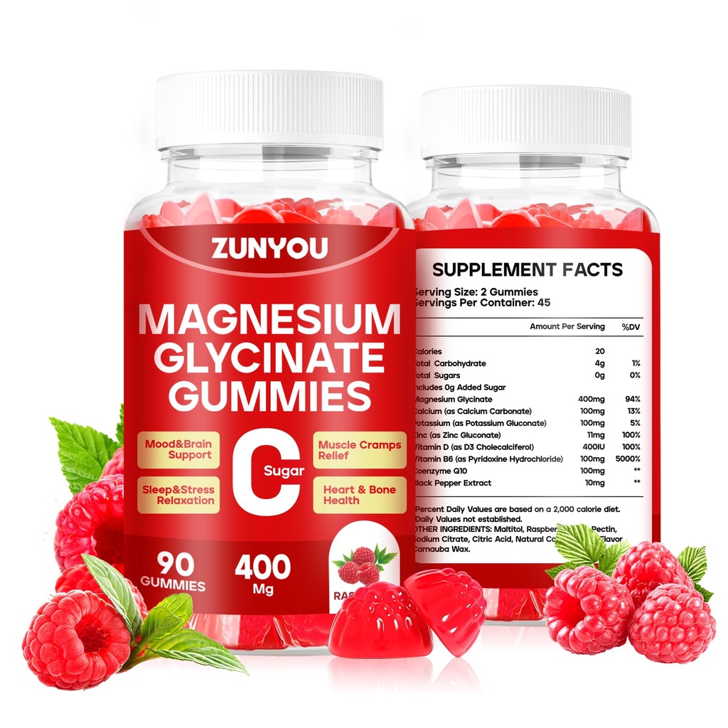 Gommies de magnésium glyciné 400mg, Gommies de magnésium sans sucre pour le sommeil, le soutien musculaire et la relaxation, suppléments de magnésium calme pour les femmes et les hommes, 90 comte