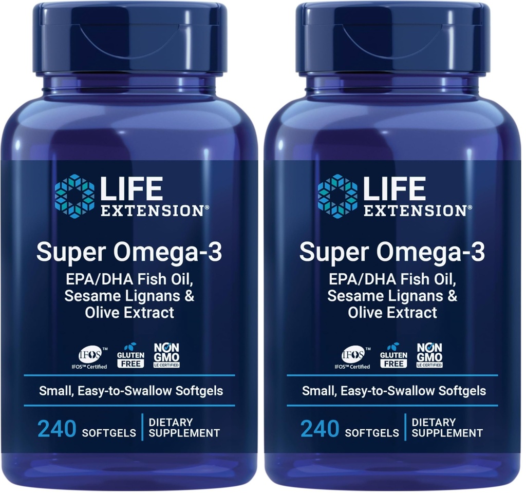 Extension de vie Super Omega-3 EPA/DHA Huile de poisson, sésame Lignans & extrait d'olive – Coeur, Cerveau, Inflammation Soutien de santé, Sans gluten, Facile à avaler, Non-OGM, 240 Softgels (paquet de 2)