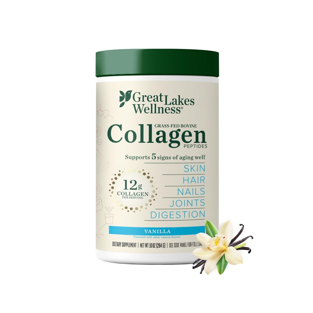 Great Lakes Wellness Collagen Peptides Powder for Skin, Hair, Nails, Joints & Digestion - Vanilla Flavored - Quick Dissolve Hydrolyzed, Non-GMO, Kosher - 10 oz