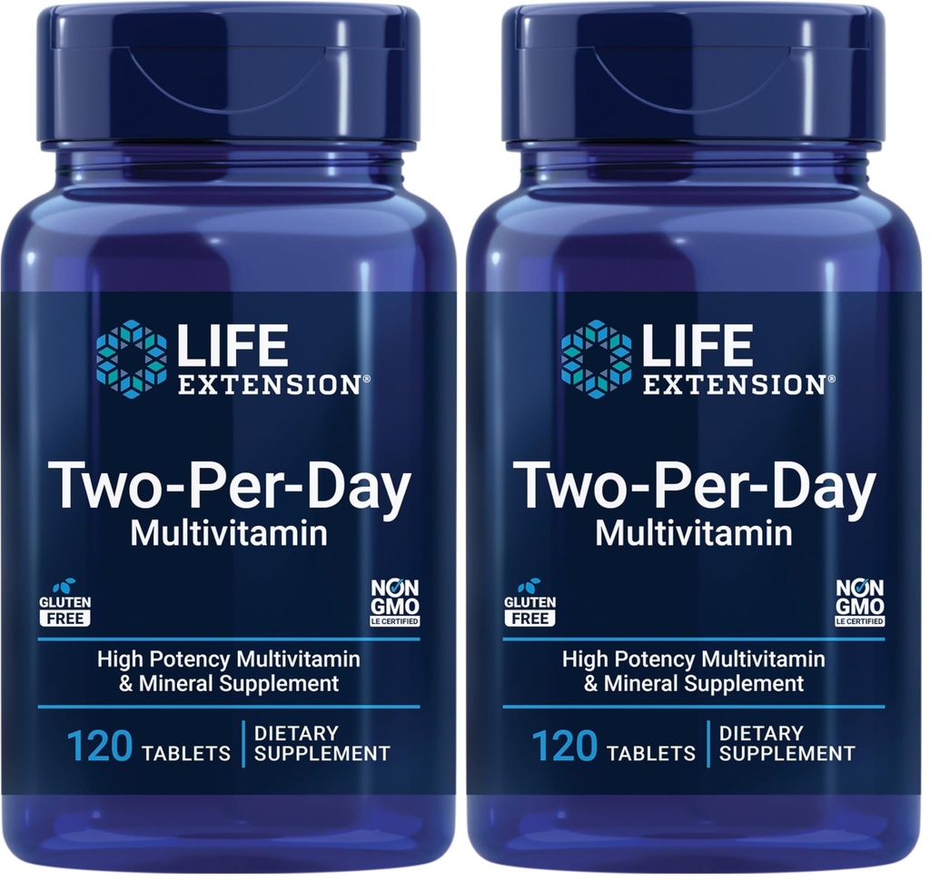Prolongation de la durée de vie Deux fois par jour, supplément multivitamines et minéraux - vitamines, minéraux, extraits végétaux, quercetine, folate 5-MTHF et plus - sans gluten - non-OGM - 120 comprimés (paquet de 2)