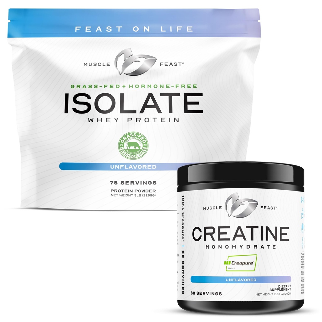 Muscle Feast Creapure Creatine Monohydrat - Unflavored 300g (x1) und Isolate Whey Protein Powder - Unflavored 5lb (x1) - Muskel Erholung und Leistung Bundle
