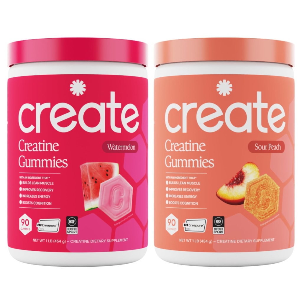 Kreatin Monohydrate Gummie - Beach Day Duo - Sour Peach & Watermelon - Creatine Gummies für Frauen & Männer, NSF Zertifiziert, 3rd Party Getestet, Anti-Melting Formel, 180 Count (2-Pack)