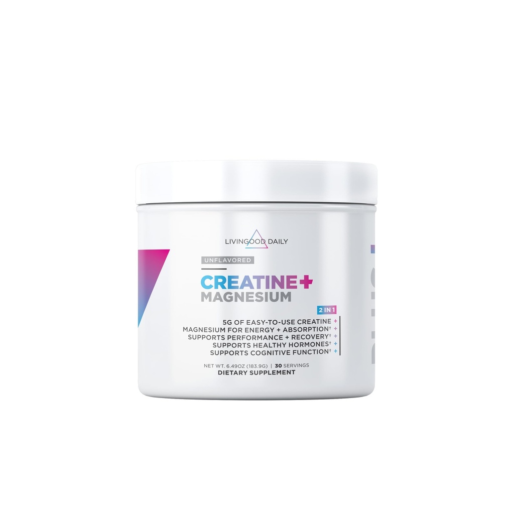 Livingood Daily Creatine + Magnesium Powder, Unflavored | 5g Micronized Creatine Monohydrate mit Magnesium für Energie, Muskel-Recovery & Performance | 30 Servietten